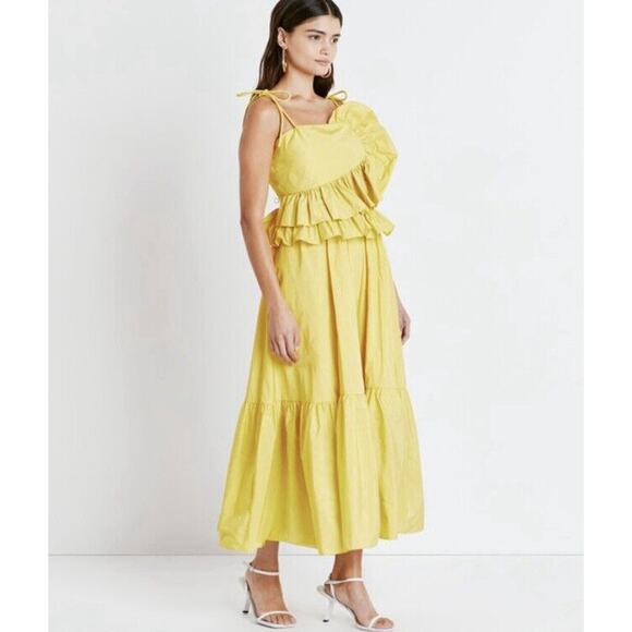 Tanya Taylor Delphine Dress Lemon Yellow Ruffle Detail Midi Dress sz 10 - Picture 3 of 13